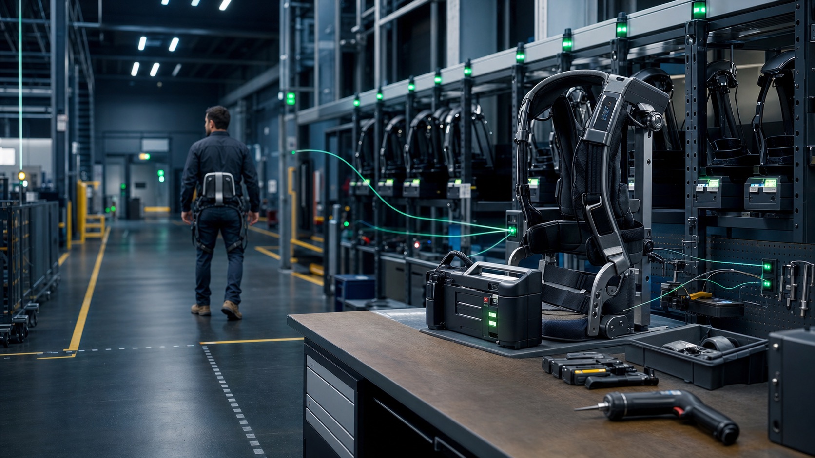 Industrial exoskeleton service station and connected fleet operations bay