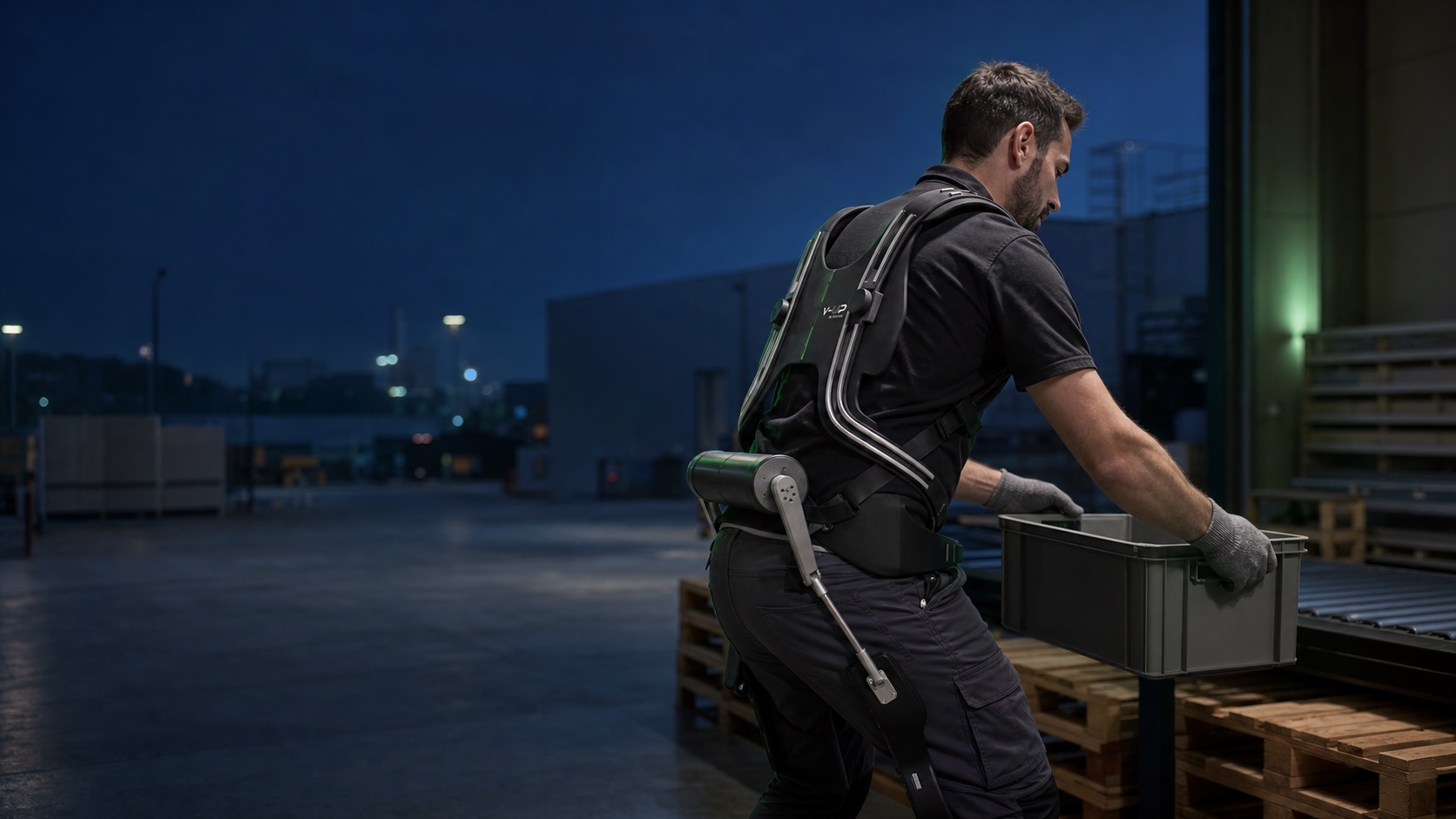 A logistics professional using a V-UP wearable support system